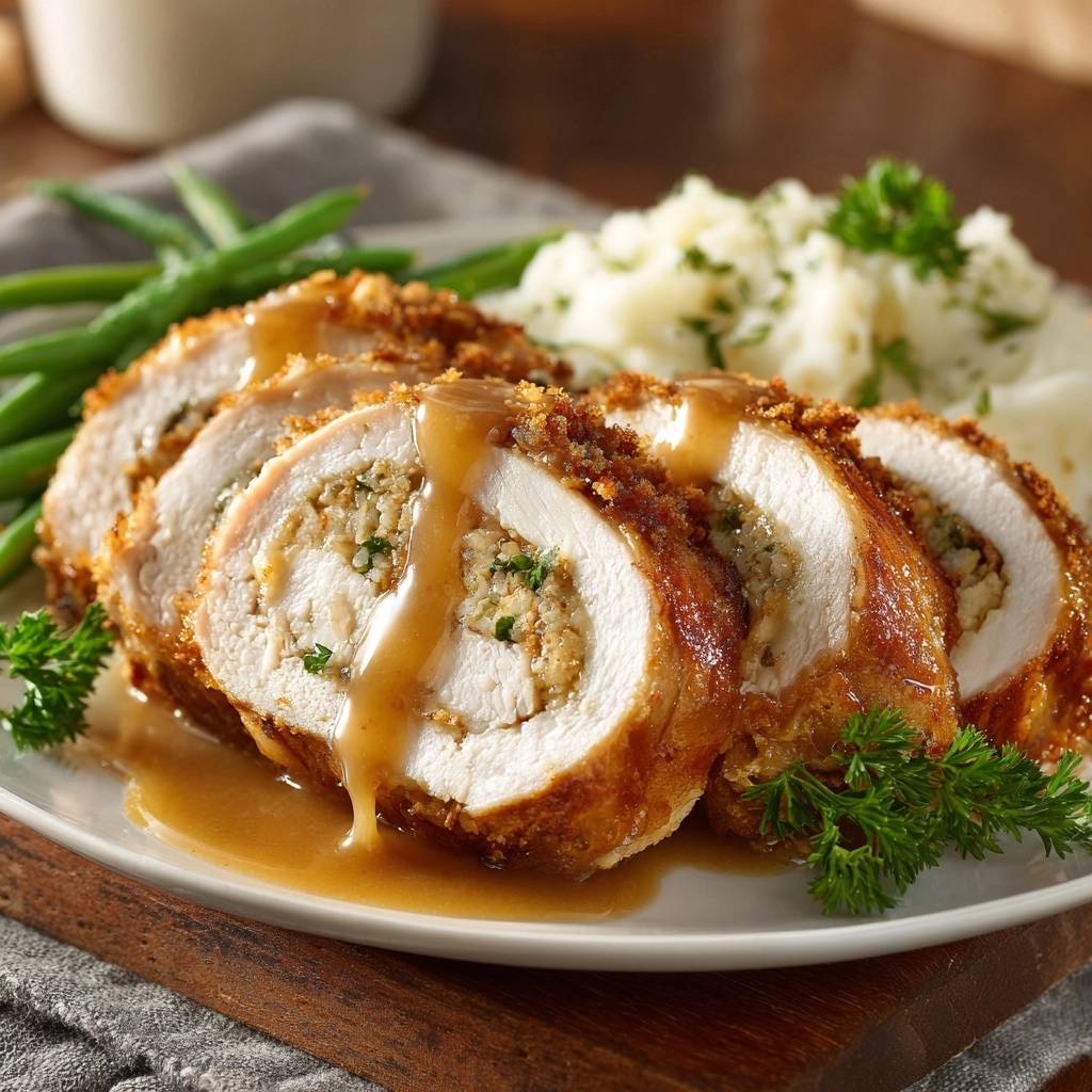 Gefüllte Hähnchenrouladen mit Kräuterpanade in Nahaufnahme, angeschnitten und serviert mit köstlicher Bratensoße und Beilagen.