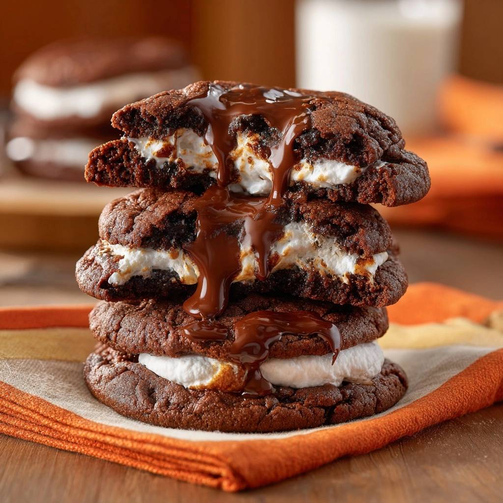 Gefuellte Schoko Marshmallow Cookies Querschnitt 1 Gefüllte Schoko-Marshmallow-Cookies im Querschnitt, mit geschmolzener Schokolade und einem Blick auf die cremige Marshmallow-Füllung.