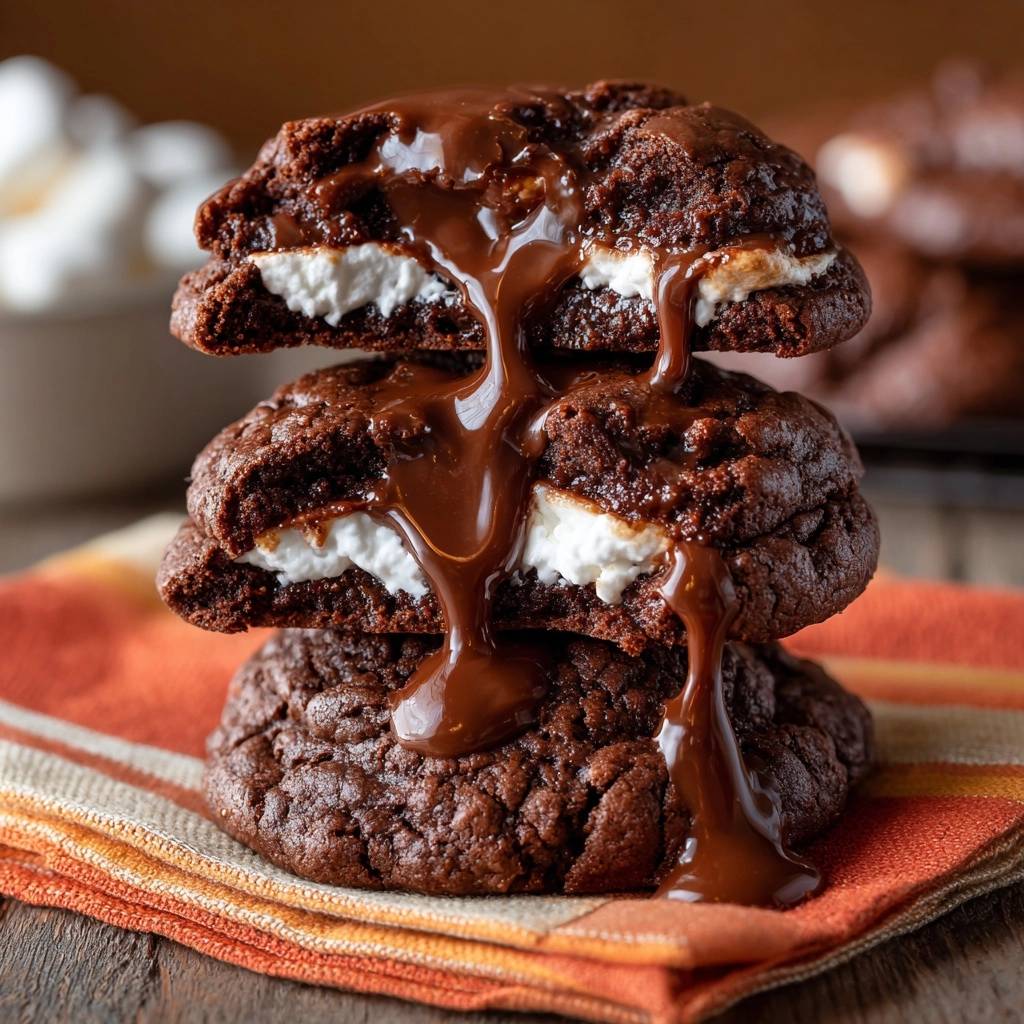 Gefüllte Schoko-Marshmallow-Cookies im Nahaufnahme, mit einem flüssigen Kern und einer Ansicht des weichen Marshmallow-Belags.