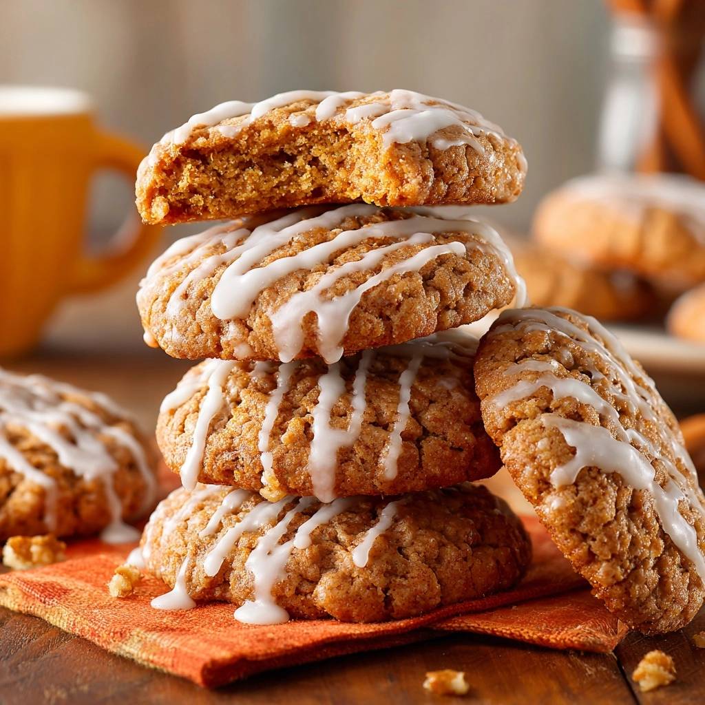 Glasierte Zimt-Haferflocken-Cookies in Nahaufnahme mit angeschnittenem Cookie, der die weiche Innenseite zeigt und mit Glasur beträufelt ist.