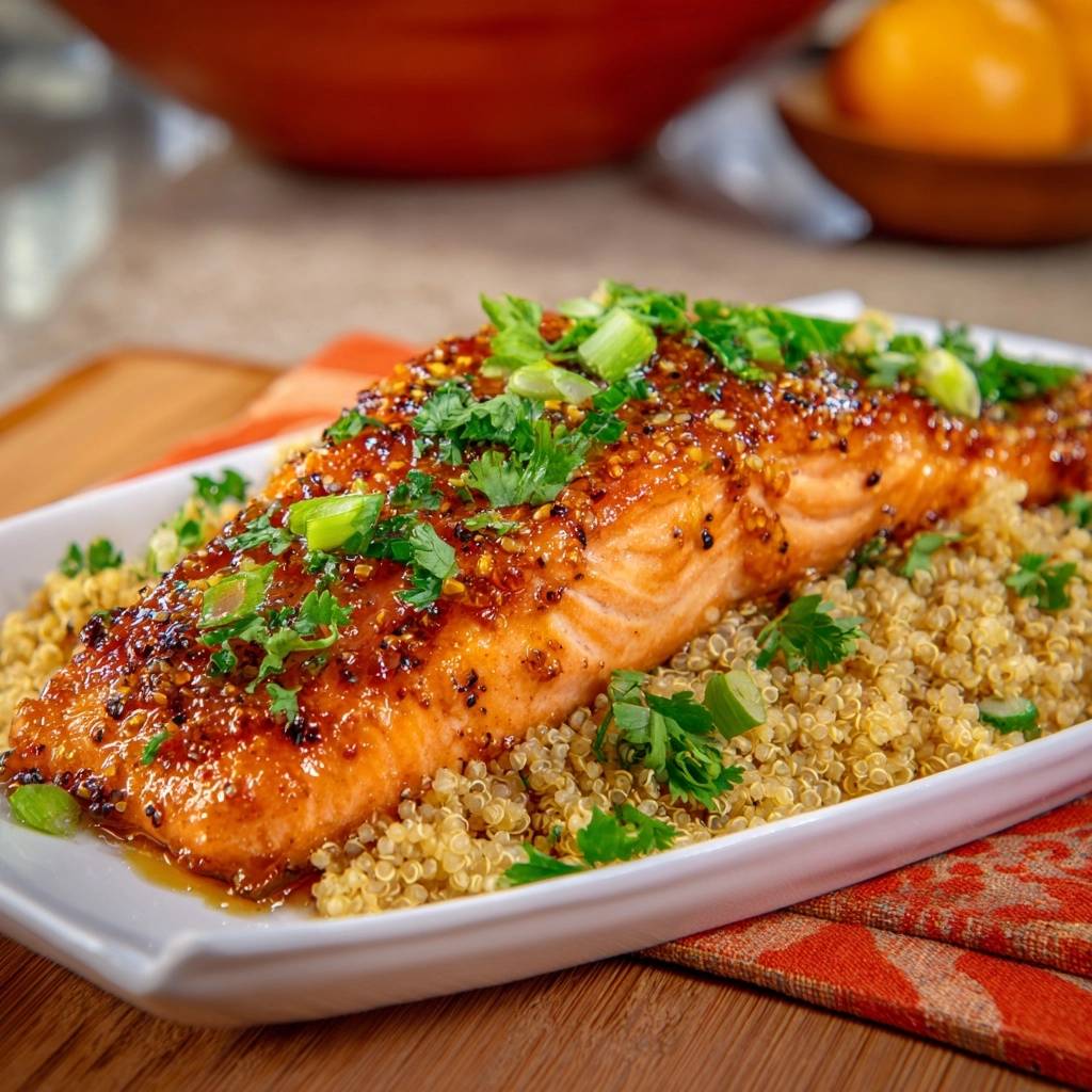Glasierter Lachs auf Quinoa serviert auf einem weißen Teller, garniert mit frischen Kräutern und Frühlingszwiebeln.