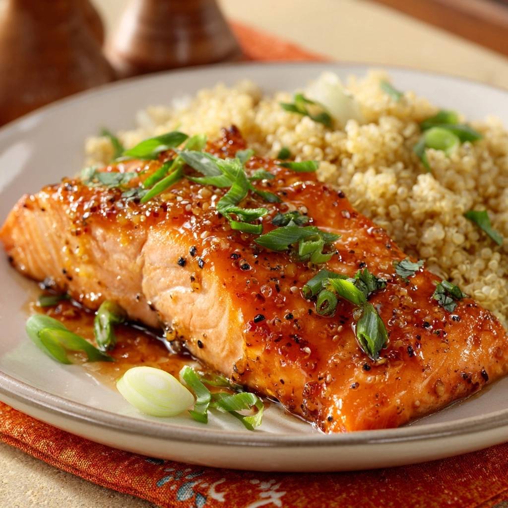 Glasierter Lachs auf Quinoa serviert auf einem Teller mit frischen Kräutern garniert und köstlichem Quinoa. Ein gesundes und leckeres Gericht.