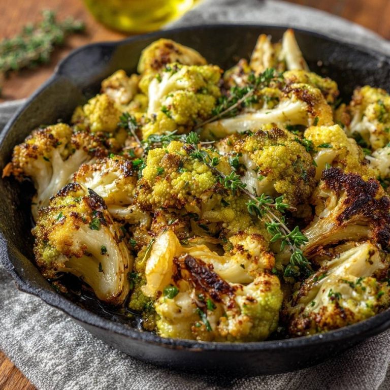 Goldbraun gerösteter Knoblauch-Blumenkohl in einer gusseisernen Pfanne, garniert mit frischem Thymian und Petersilie.