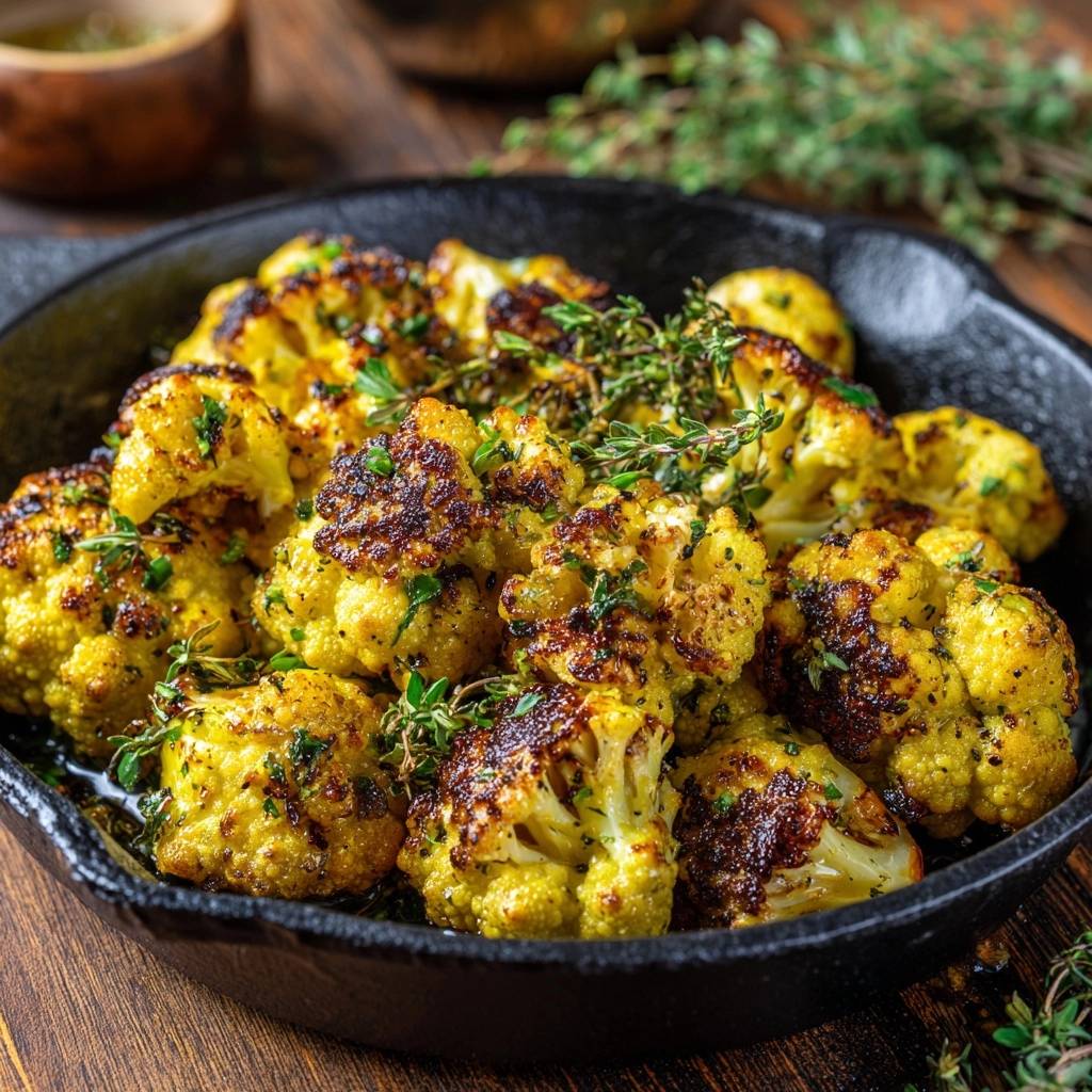 Goldbraun Geroesteter Knoblauch Blumenkohl Nahaufnahme 1 Goldbraun gerösteter Knoblauch-Blumenkohl in einer gusseisernen Pfanne, garniert mit frischem Thymian, aus nächster Nähe betrachtet. Ein köstliches vegetarisches Gericht.