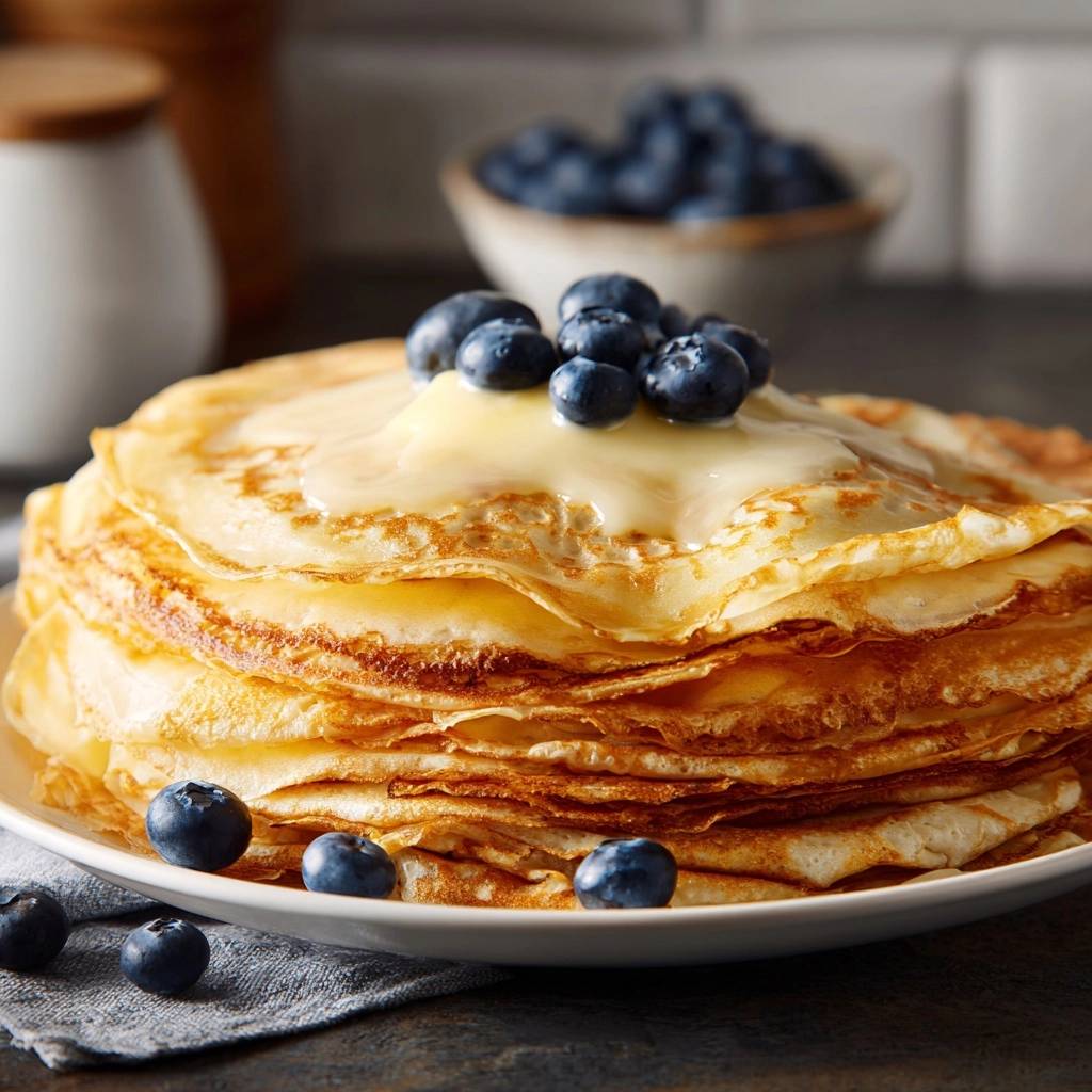 Goldbraune Blaubeer Pfannkuchen Nahaufnahme 1 Goldbraune Blaubeer-Pfannkuchen in Nahaufnahme, serviert auf einem Teller und garniert mit frischen Blaubeeren. Die Pfannkuchen sind mit einer cremigen Sauce beträufelt.