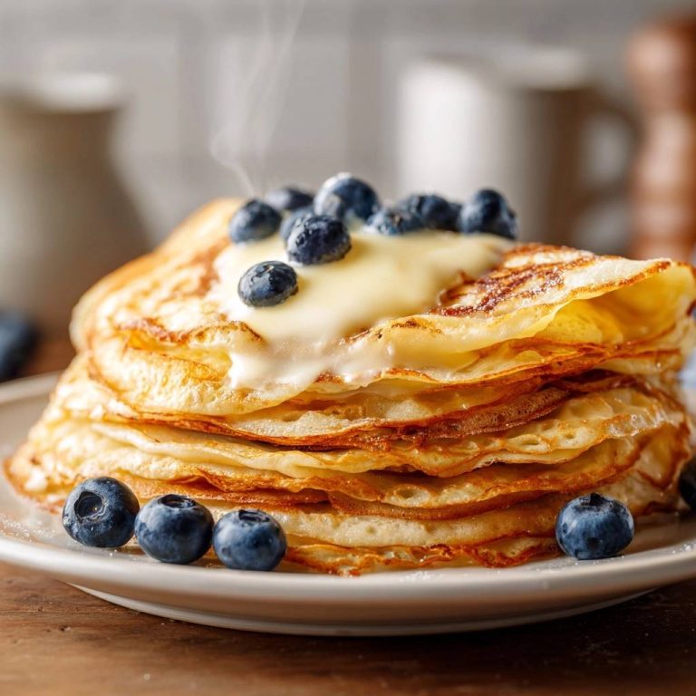 Goldbraune Blaubeer-Pfannkuchen in Nahaufnahme, dampfend serviert mit frischen Blaubeeren und cremiger Sauce, angerichtet auf einem Teller.