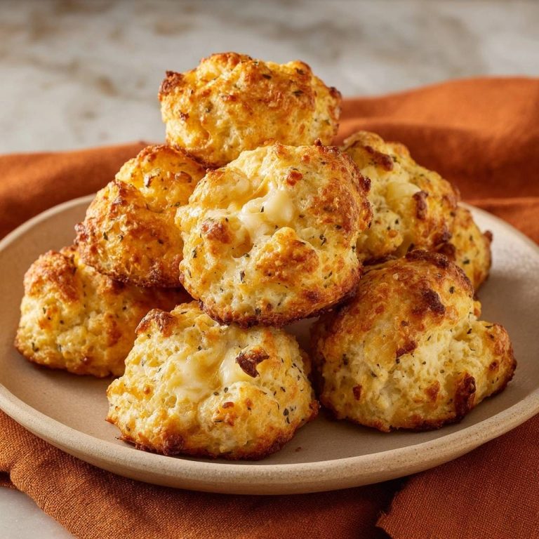 Goldbraune Cheddar-Knoblauch-Biscuits auf einem Teller gestapelt, mit goldbrauner Kruste und Kräutern. Diese fluffigen Biscuits sind perfekt für ein herzhaftes Frühstück.