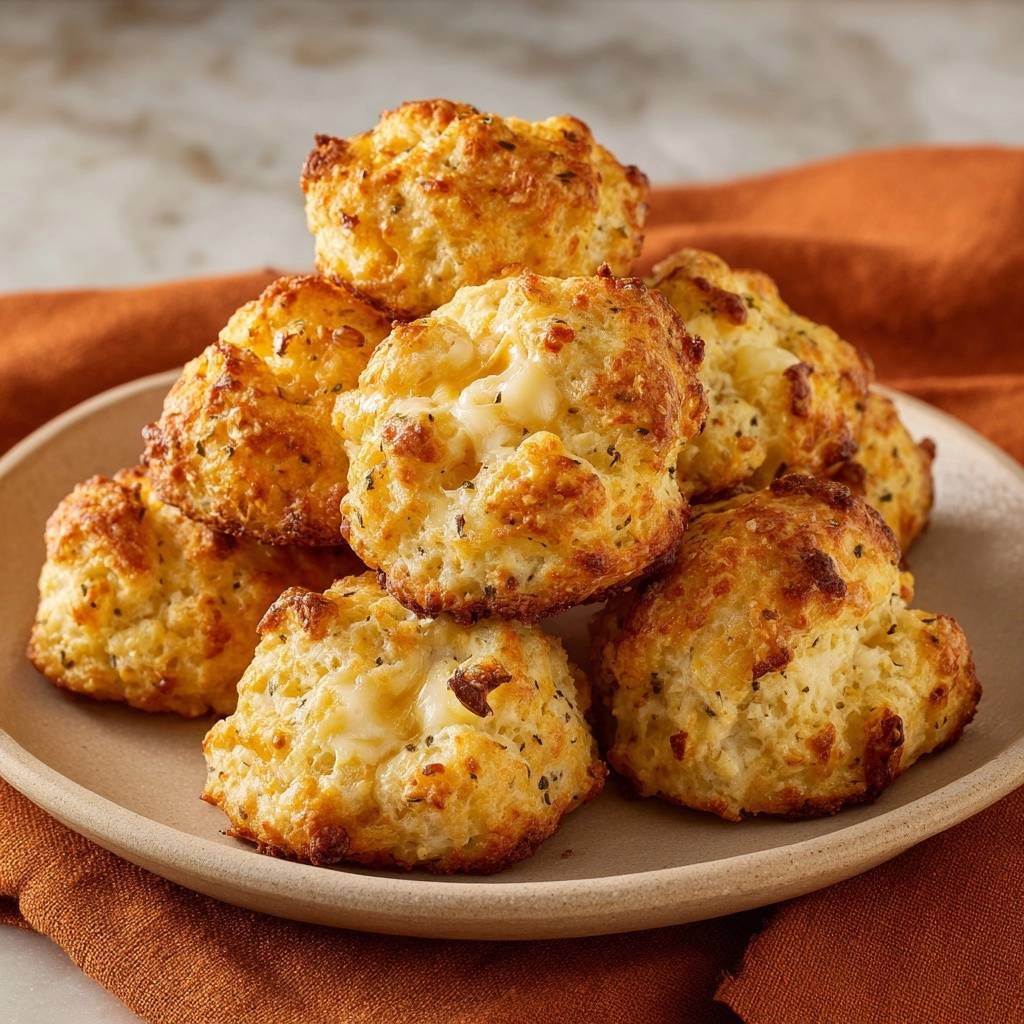 Goldbraune Cheddar-Knoblauch-Biscuits auf einem Teller gestapelt, mit goldbrauner Kruste und Kräutern. Diese fluffigen Biscuits sind perfekt für ein herzhaftes Frühstück.