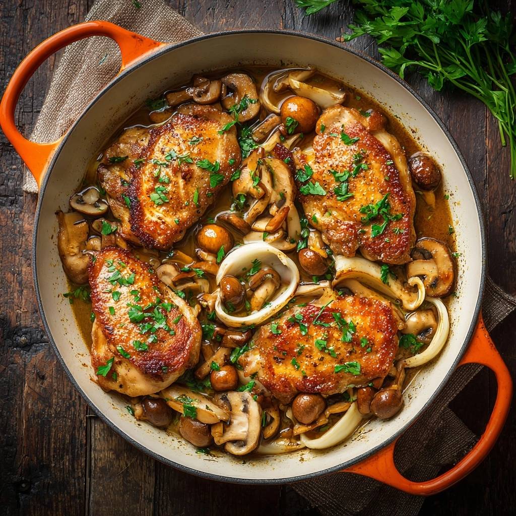 Goldbraune Hähnchenpfanne mit Pilzen in einer Pfanne von oben betrachtet, garniert mit frischer Petersilie und serviert auf einem Holztisch.