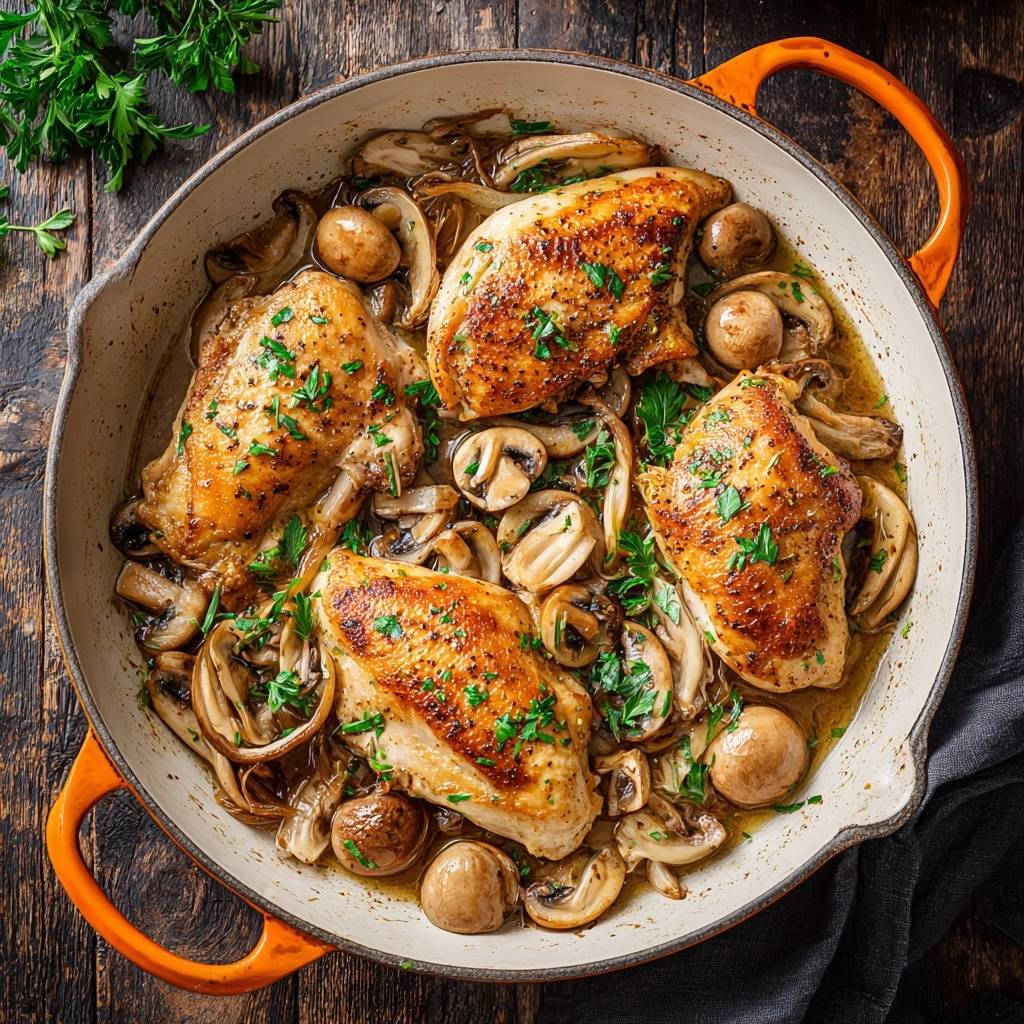 Goldbraune Hähnchenpfanne mit Pilzen, von oben betrachtet, in einer rustikalen Pfanne serviert, mit goldbraunen Hähnchenbrüsten und Champignons.