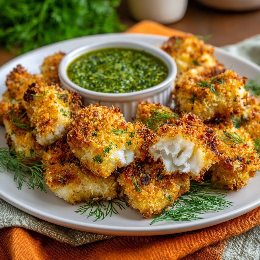 Goldbraune Knusper-Fischhappen, ein knuspriges Gericht, zeigt hier einen appetitlichen Querschnitt, der das zarte Fischfleisch im Inneren offenbart.