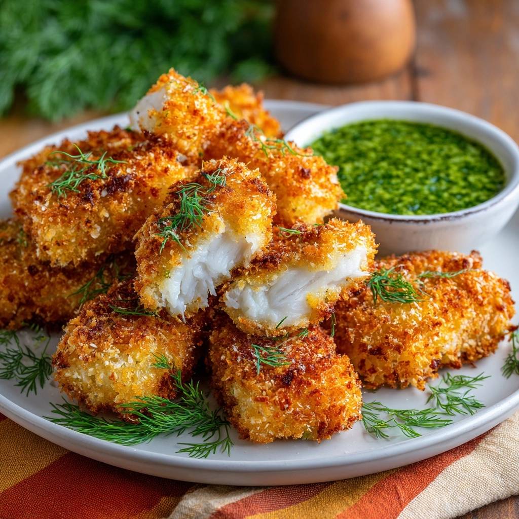 Goldbraune Knusper-Fischhappen mit krosser Panade, präsentiert mit einem Anschnitt, der das zarte Fischfleisch zeigt. Dazu eine grüne Kräutersauce.