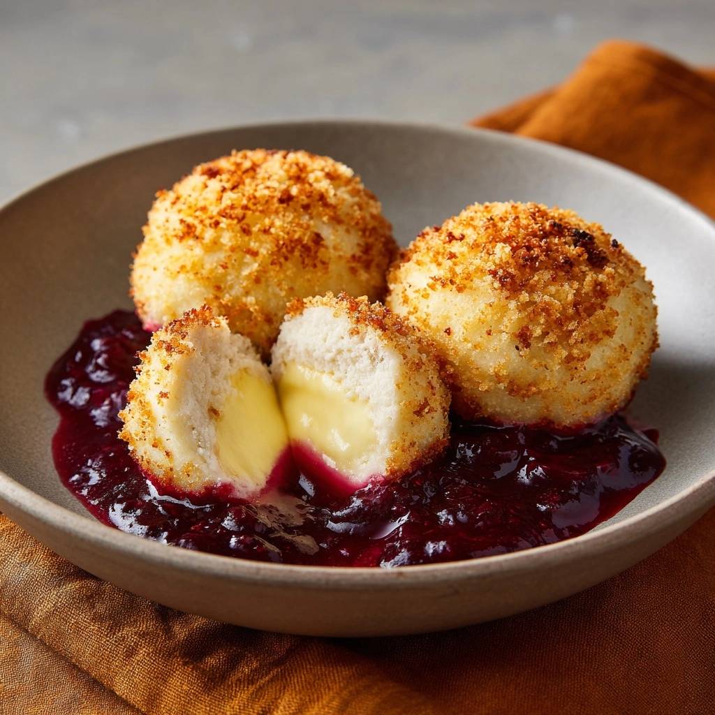 Goldene Quarkknödel mit flüssigem Kern, aufgeschnitten, zeigt den geschmolzenen Käse im Inneren und die knusprige Kruste.