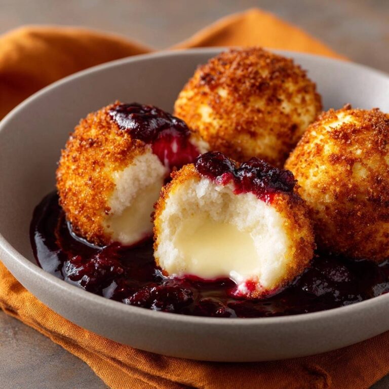 Goldene Quarkknödel mit flüssigem Kern, angeschnitten, präsentiert einen Blick auf den cremigen Käse und den Beerenröster.
