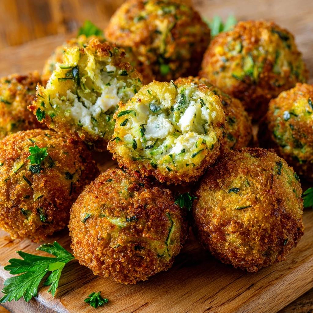 Goldene Zucchini-Feta-Bällchen mit einem angeschnittenen Exemplar, das die fluffige Innenseite und die knusprige Kruste zeigt.