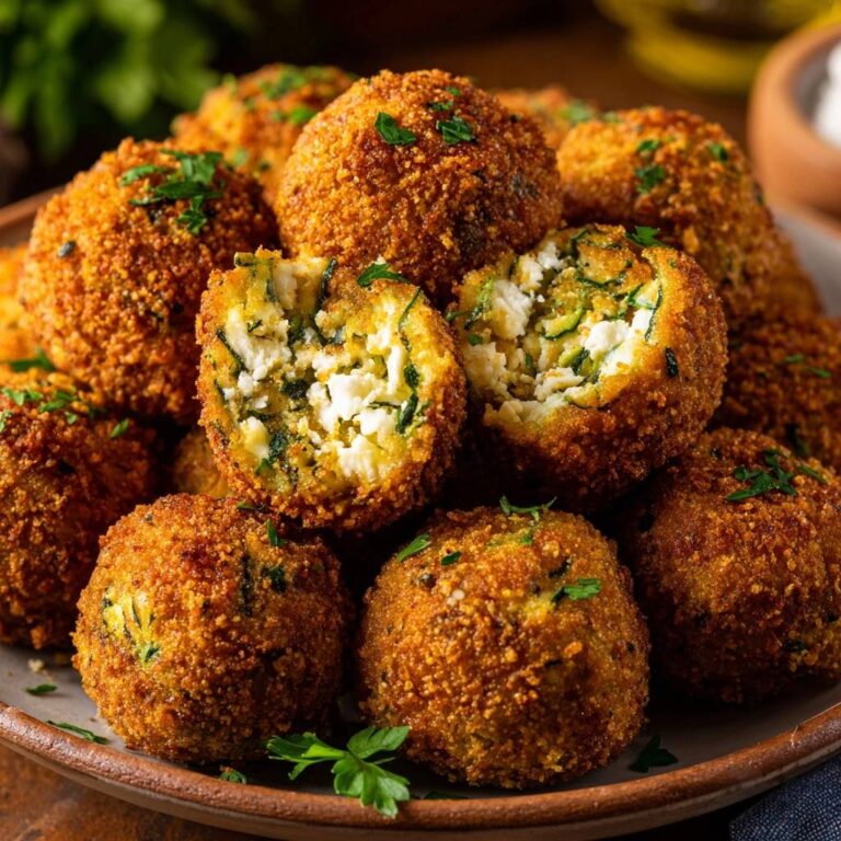 Goldene Zucchini-Feta-Bällchen mit einem Blick in das Innere, wo die fluffige Füllung aus Feta und Zucchini sichtbar wird.