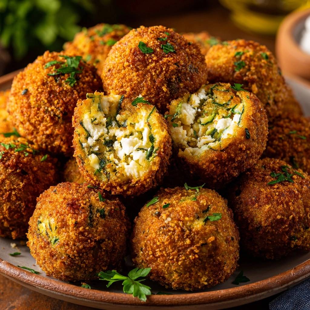 Goldene Zucchini-Feta-Bällchen mit einem Blick in das Innere, wo die fluffige Füllung aus Feta und Zucchini sichtbar wird.