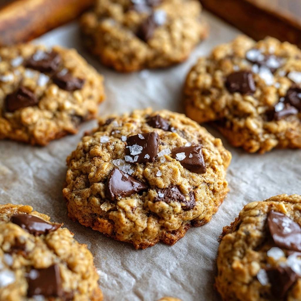 Haferflocken-Cookies mit Schokostücken in Nahaufnahme, draufsicht. Die frisch gebackenen Kekse sind mit Schokoladenstücken und Meersalzflocken garniert.
