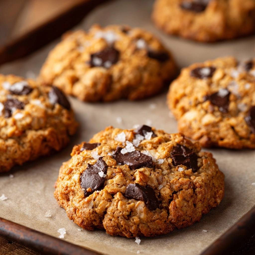 Haferflocken-Cookies mit Schokostücken in Nahaufnahme, perfekt gebacken und mit grobem Meersalz bestreut, liegen auf einem Backblech.