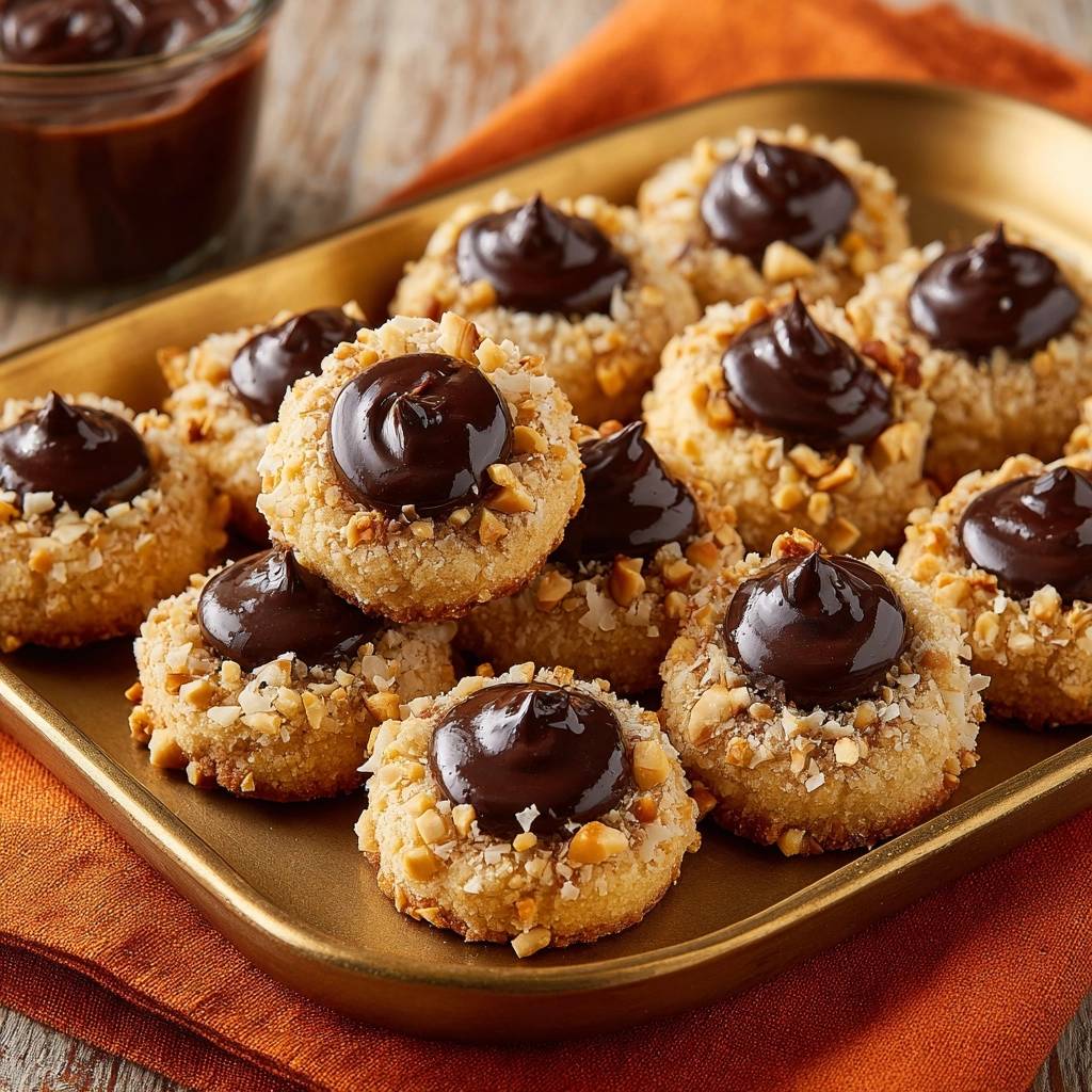 Haselnuss-Schoko-Kekse in Nahaufnahme serviert, mit cremiger Schokoladenfüllung, umgeben von gerösteten Haselnüssen und Kokosraspeln.