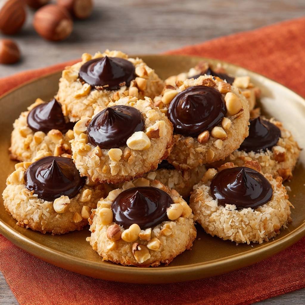 Haselnuss-Schoko-Kekse in Nahaufnahme serviert, mit knackigen Haselnüssen und einer glänzenden Schokoladenfüllung auf einem goldenen Teller.