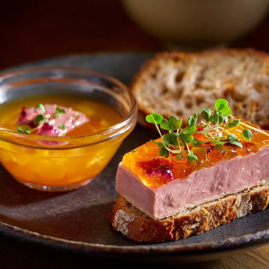 Hausgemachte Gefluegelpastete Mit Aprikosen Gelee Serviert 1 Hausgemachte Geflügelpastete mit Aprikosen-Gelee serviert auf geröstetem Brot, garniert mit frischen Kräutern, angerichtet auf einem rustikalen Teller.