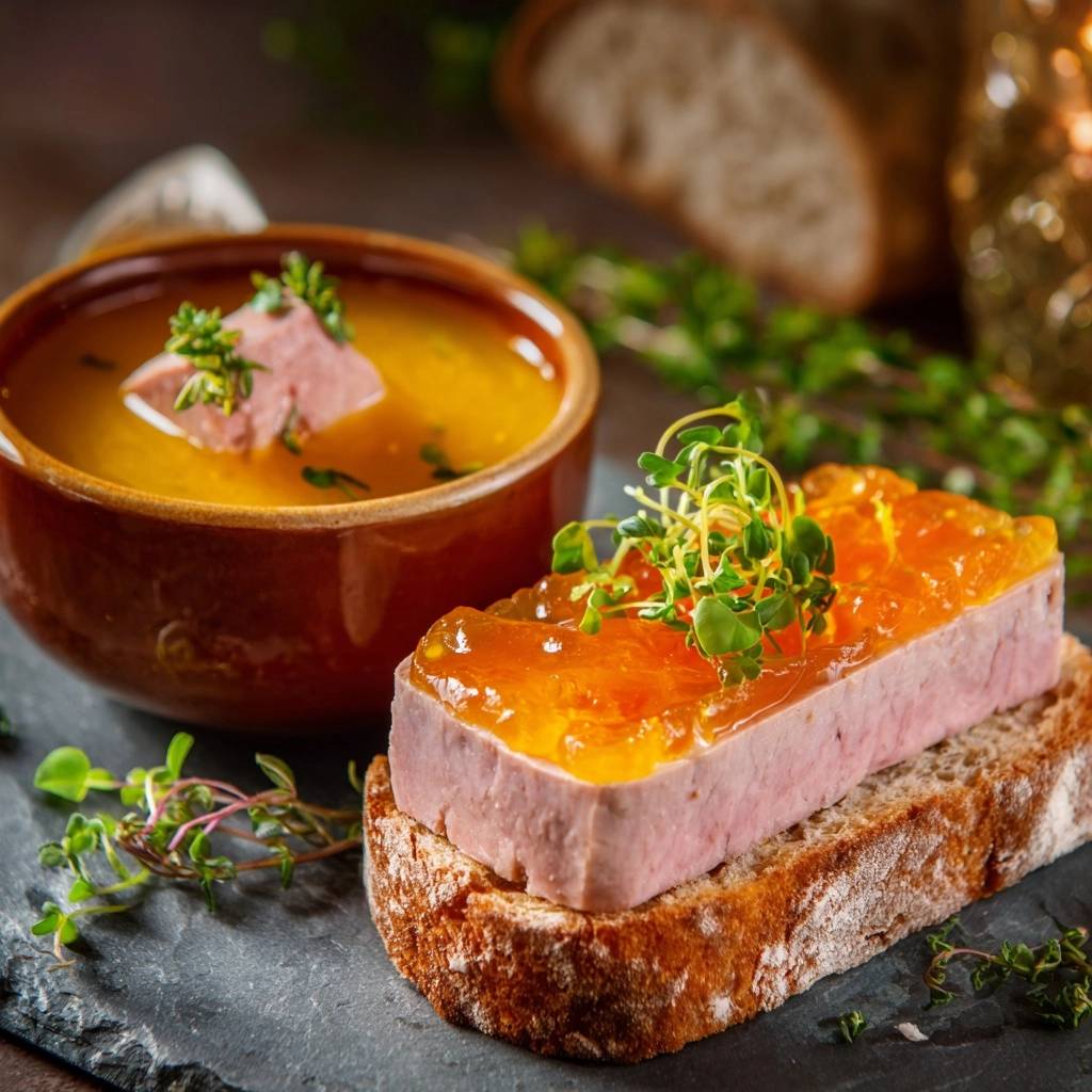 Hausgemachte Geflügelpastete mit Aprikosen-Gelee serviert auf geröstetem Brot, garniert mit frischen Kräutern, neben einer Schale Brühe.