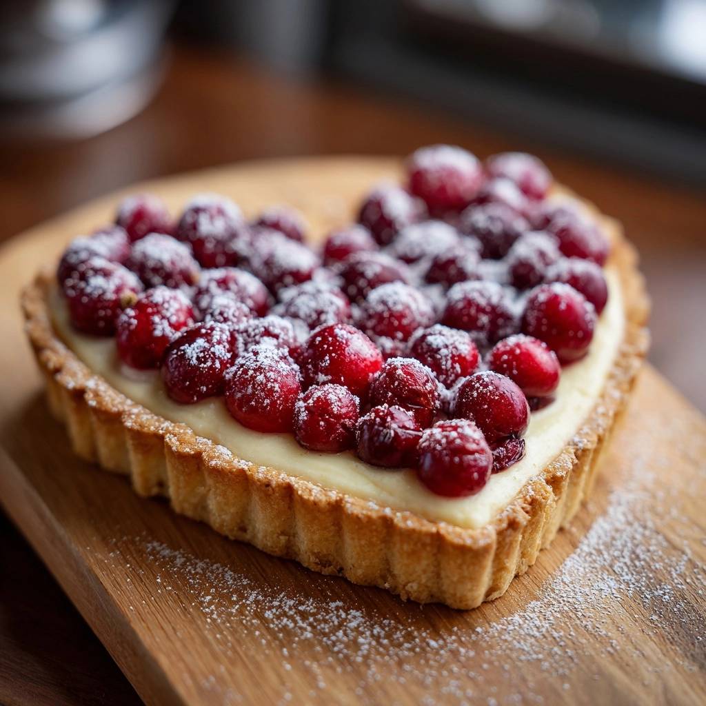 Herz-Beeren-Tarte mit Vanillecreme in Herzform, aus der Vogelperspektive fotografiert, mit Puderzucker bestäubt und auf einem Holzbrett serviert.