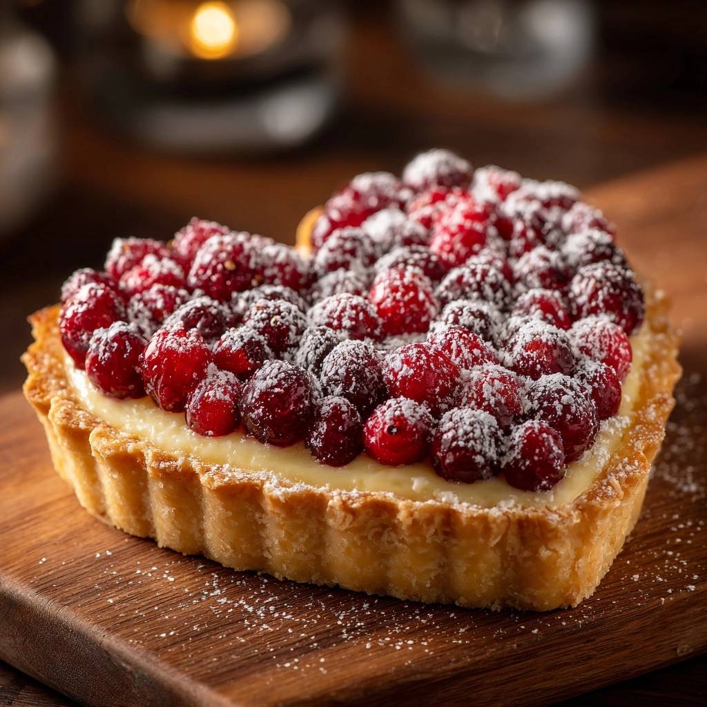 Herz-Beeren-Tarte mit Vanillecreme in Nahaufnahme, von oben fotografiert, mit Puderzucker bestäubt und auf einem Holzbrett serviert.