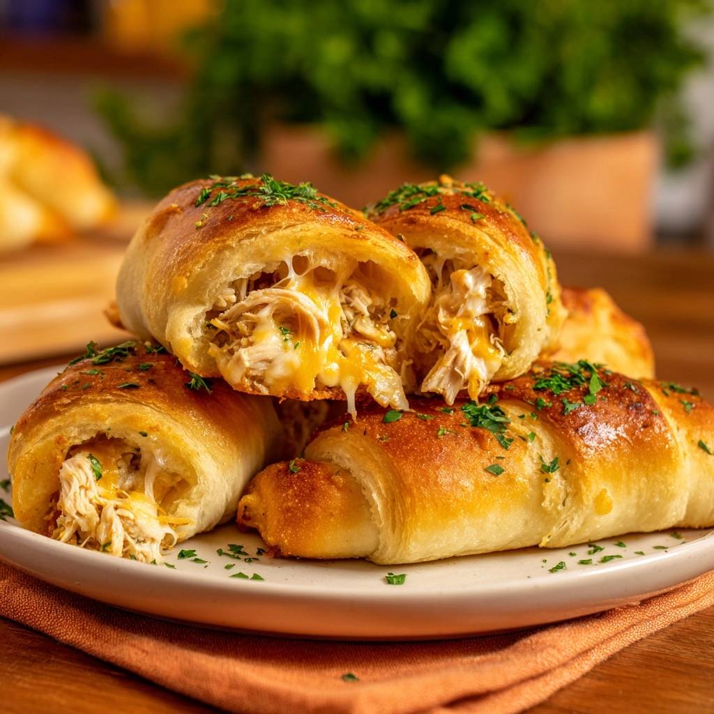 Herzh Haehnchen Kaese Croissants Angeschnitten Mit Kaese 1 Herzhafte Hähnchen-Käse-Croissants angeschnitten, die den geschmolzenen Käse und das saftige Hähnchen im Inneren zeigen.