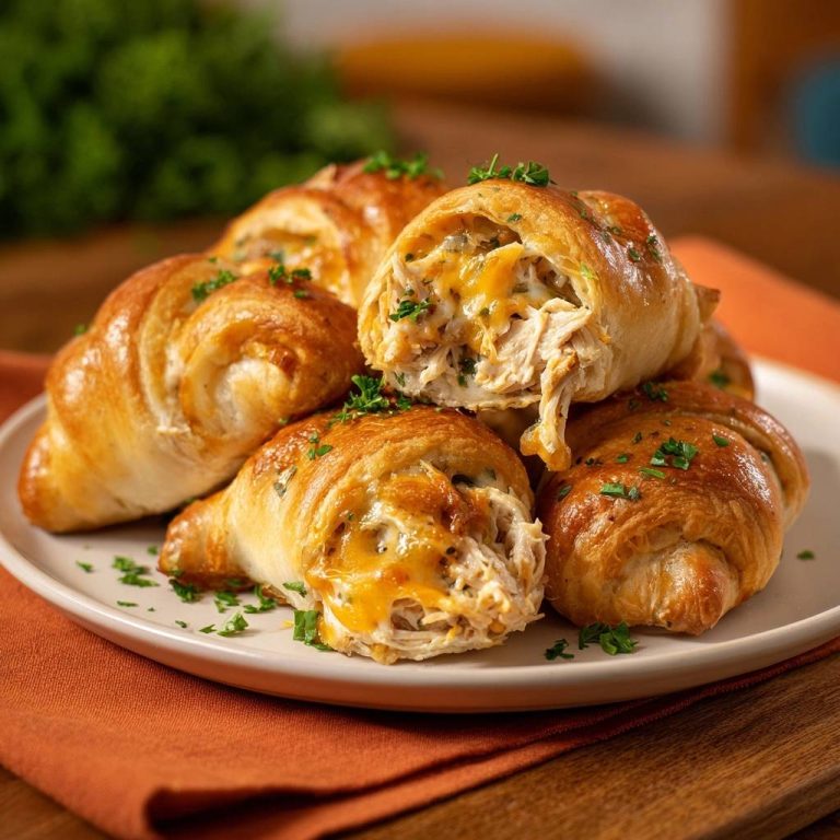 Herzhafte Hähnchen-Käse-Croissants zeigen hier einen verführerischen Querschnitt, der die cremige Füllung und den knusprigen Teig enthüllt.