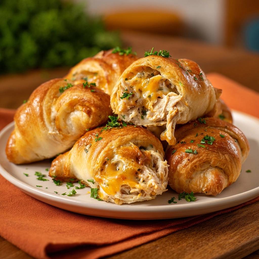 Herzhafte Hähnchen-Käse-Croissants zeigen hier einen verführerischen Querschnitt, der die cremige Füllung und den knusprigen Teig enthüllt.