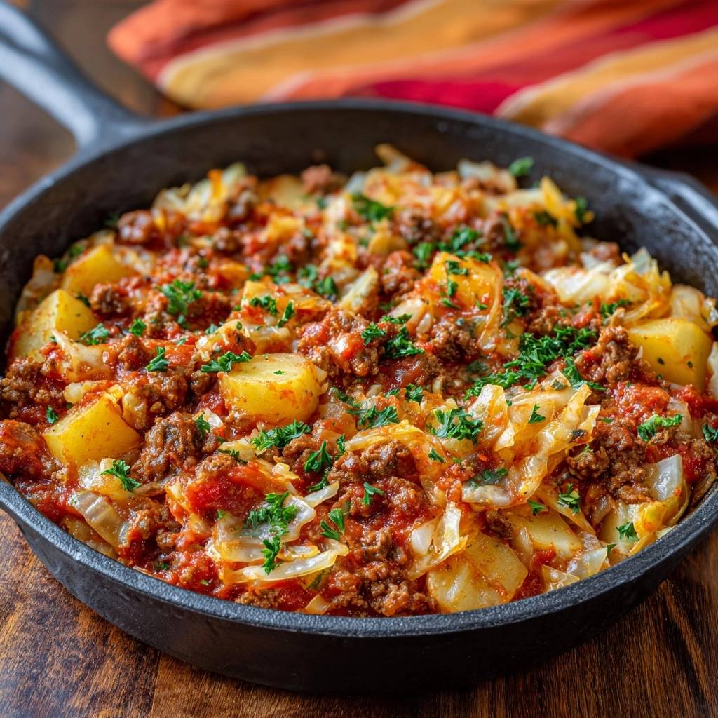 Herzhafte Kohl-Hackfleisch-Pfanne in einer gusseisernen Pfanne, garniert mit frischer Petersilie, aus der Vogelperspektive gesehen.
