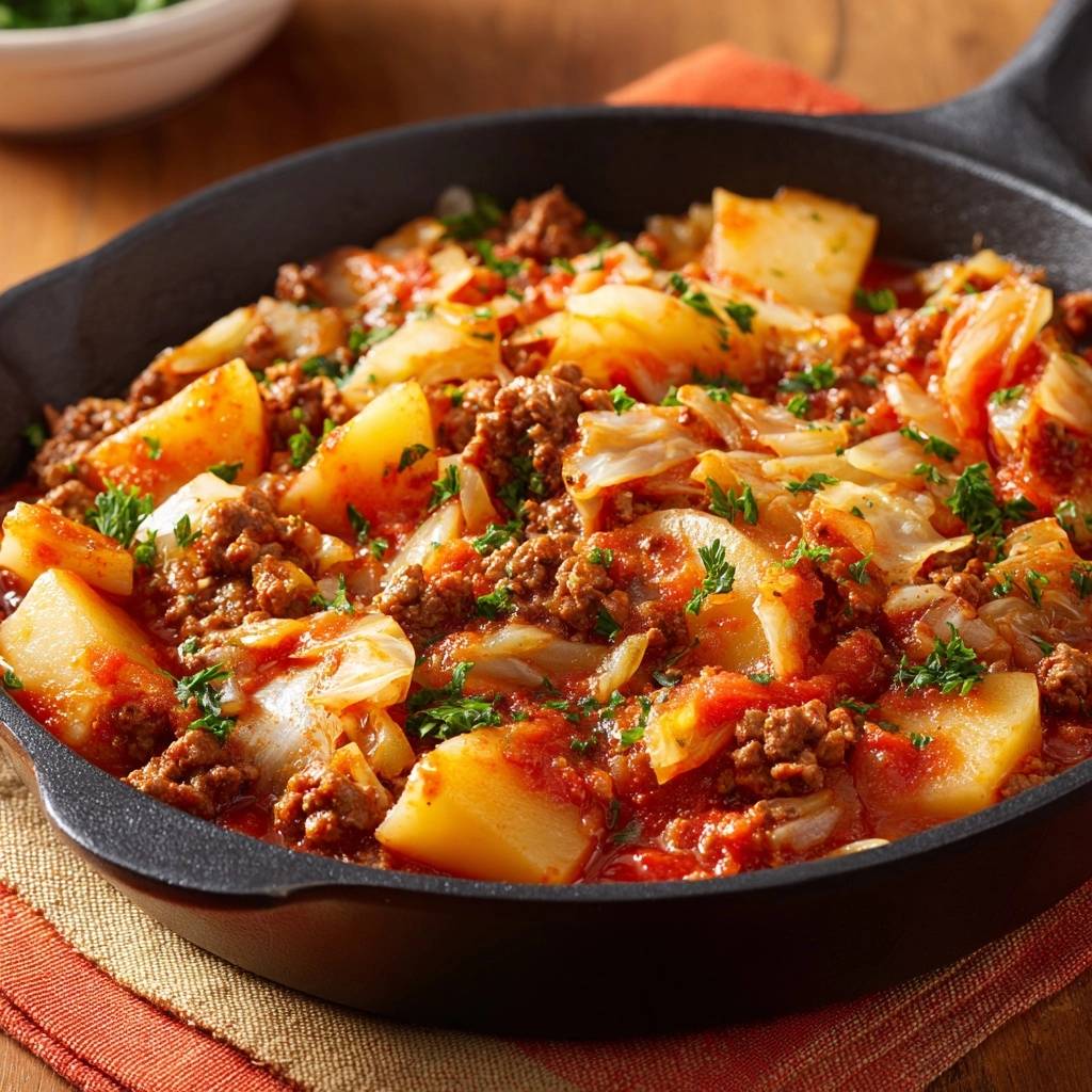 Herzhafte Kohl-Hackfleisch-Pfanne von oben: Eine rustikale Pfanne mit Kartoffeln, Kohl und Hackfleisch in Tomatensauce, servierfertig.