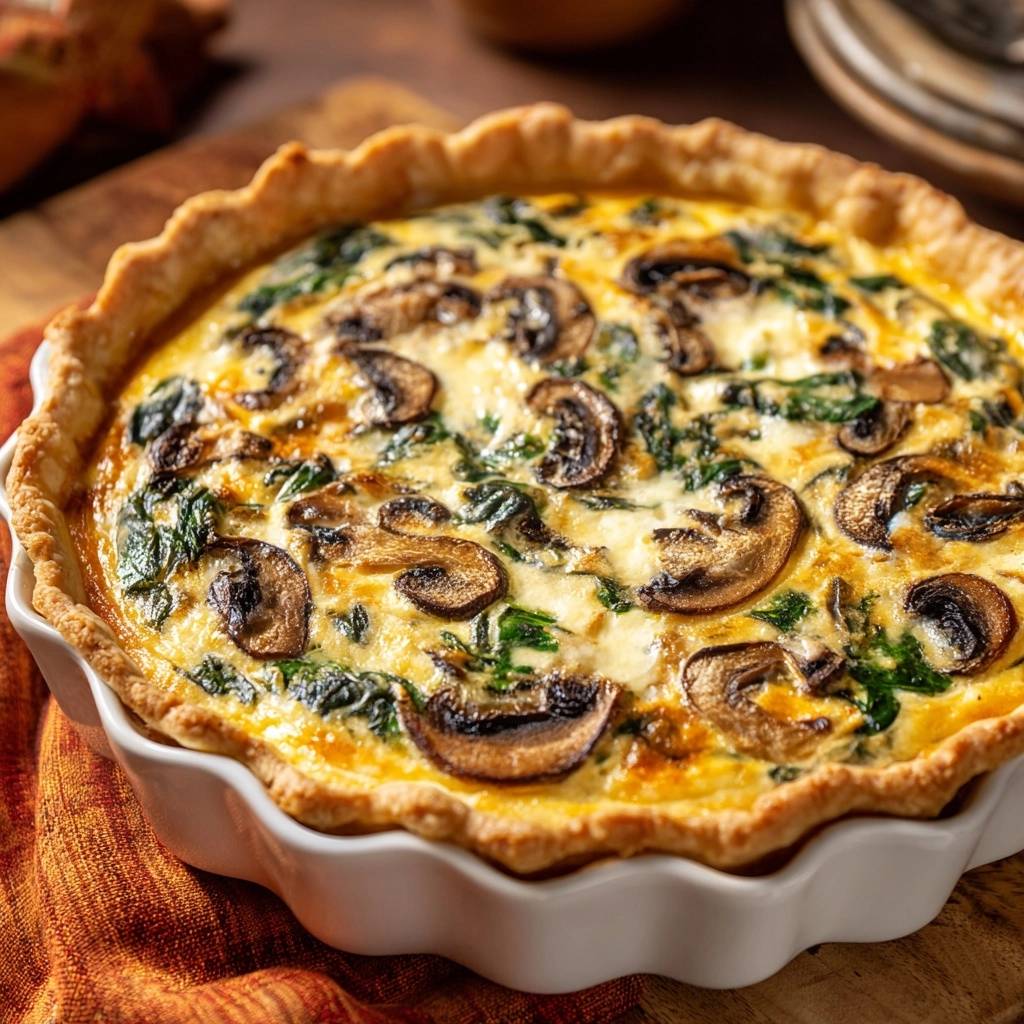 Herzhafte Pilz-Spinat-Quiche in einer weißen Form, eine köstliche Draufsicht, perfekt gebacken und servierfertig.