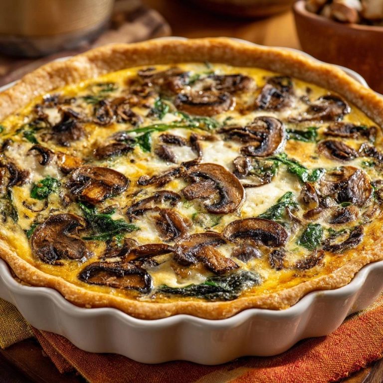 Herzhafte Pilz-Spinat-Quiche in einer weißen Form, von oben fotografiert, mit knusprigem Boden und frischen Zutaten.