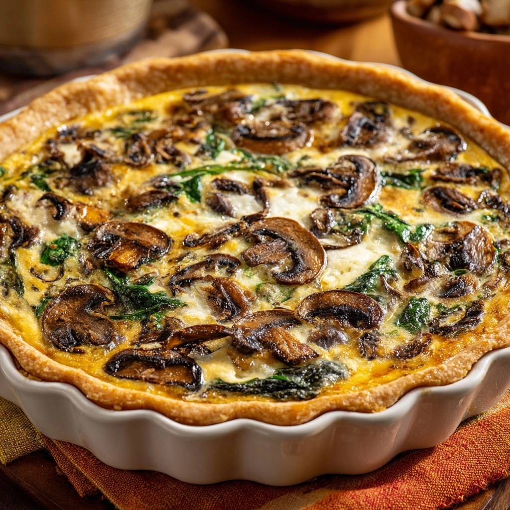 Herzhafte Pilz-Spinat-Quiche in einer weißen Form, von oben fotografiert, mit knusprigem Boden und frischen Zutaten.