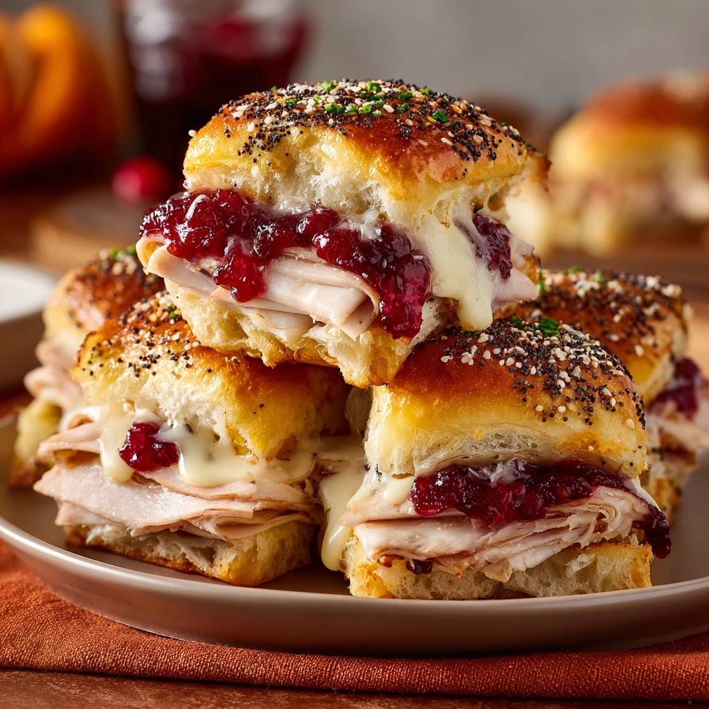 Herzhafte Puten-Slider mit Cranberry in Nahaufnahme: Der saftige Querschnitt zeigt die Schichten aus Pute, Käse und Cranberry-Soße.