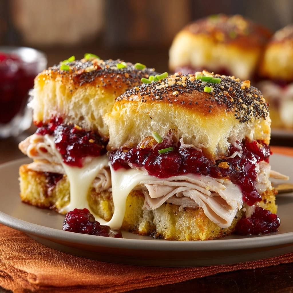 Herzhafte Puten-Slider mit Cranberry, serviert in Nahaufnahme, zeigt saftiges Putenfleisch, geschmolzenen Käse und fruchtige Cranberry-Sauce.