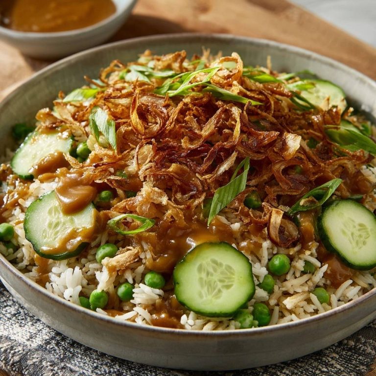 Herzhafte Reispfanne mit Erdnuss-Sauce, serviert in einer Schüssel, mit knackigen Röstzwiebeln, frischen Gurkenscheiben und Erbsen.