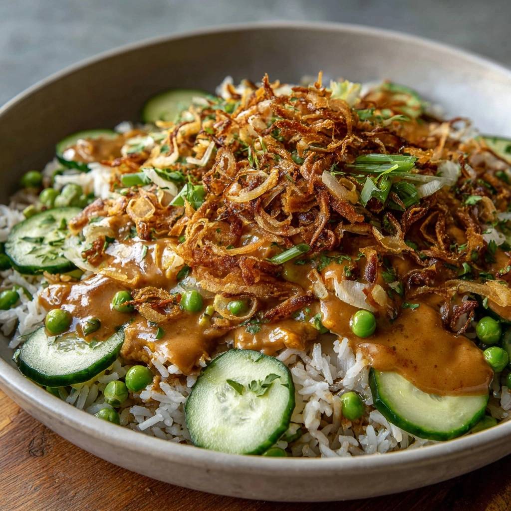 Herzhafte Reispfanne Mit Erdnuss Sauce Draufsicht 1 Herzhafte Reispfanne mit Erdnuss-Sauce, serviert in einer Schüssel. Die Draufsicht zeigt die Reispfanne mit frischen Gurkenscheiben und knusprigen Röstzwiebeln.