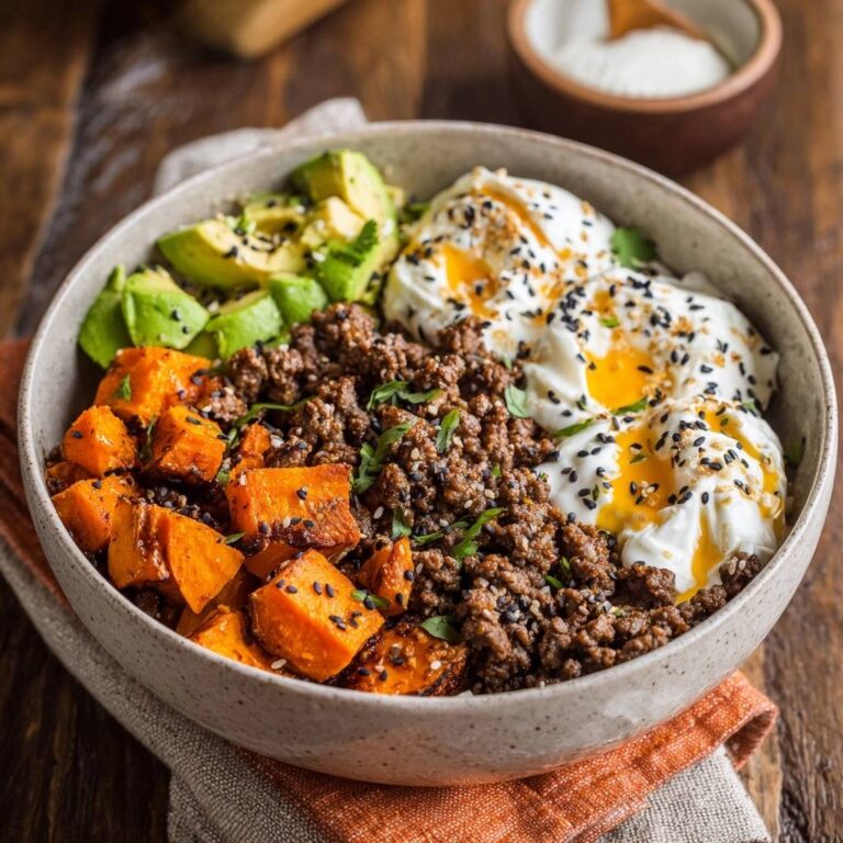 Herzhafte Rinder-Bowl mit Süßkartoffeln von oben gesehen, mit gebratenem Hackfleisch, Avocado, Süßkartoffeln und Spiegeleiern.