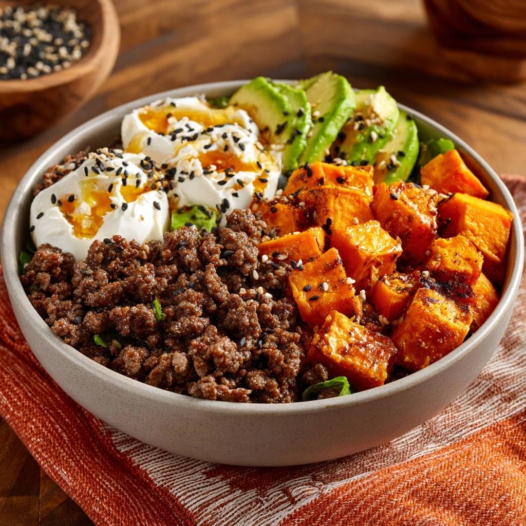 Herzhafte Rinder Bowl Mit Suesskartoffeln Draufsicht Servier 1 Herzhafte Rinder-Bowl mit Süßkartoffeln, serviert in einer Schüssel, mit Hackfleisch, Süßkartoffeln, Avocado und pochierten Eiern.
