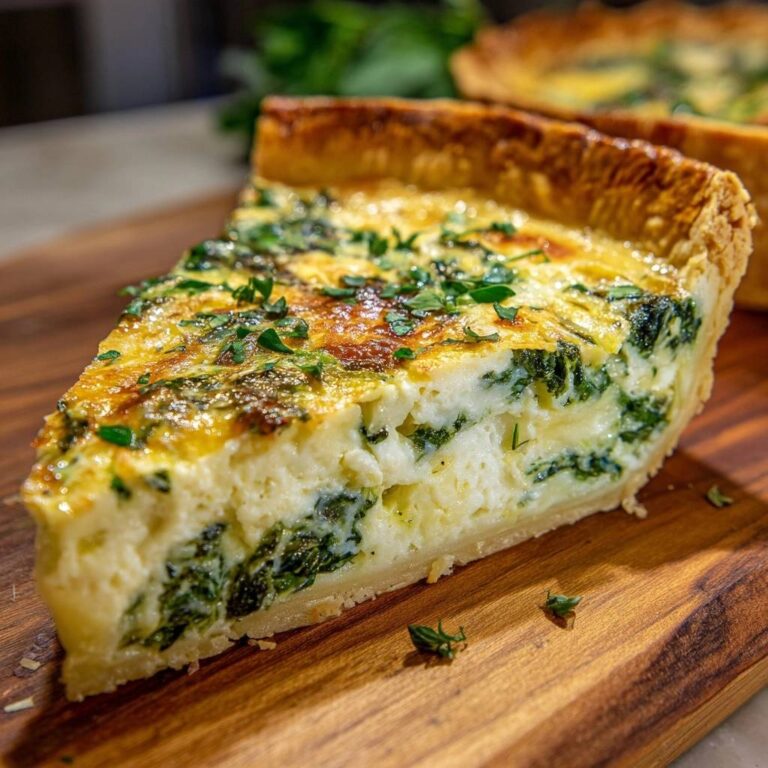 Herzhafte Spinat-Käse-Quiche: Nahaufnahme eines perfekt geschnittenen Stücks, das die cremige Füllung und den knusprigen Boden zeigt.