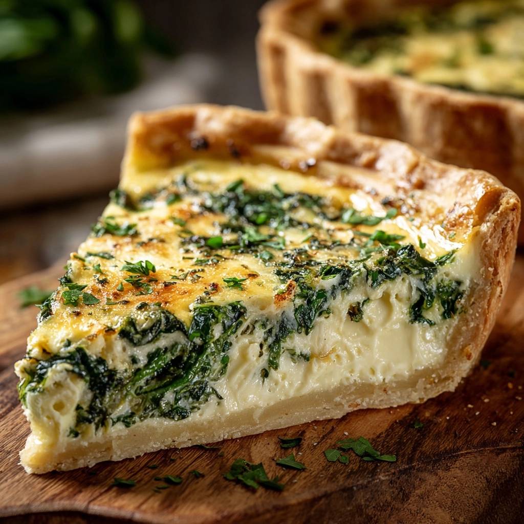 Herzhafte Spinat-Käse-Quiche: Ein detailreicher Querschnitt zeigt die cremige Füllung und den knusprigen Boden dieser köstlichen Quiche.
