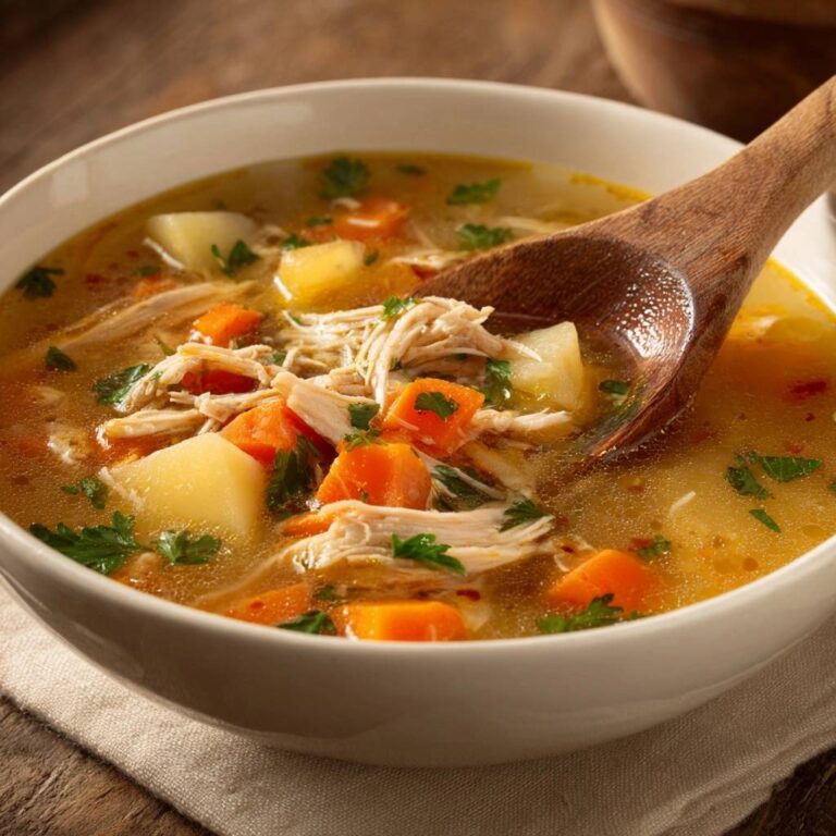 Herzhafter Hühnereintopf mit Wurzelgemüse in Nahaufnahme, serviert in einer weißen Schüssel mit einem Holzlöffel. Die leckere Suppe ist reich an Gemüse und Hühnchen.