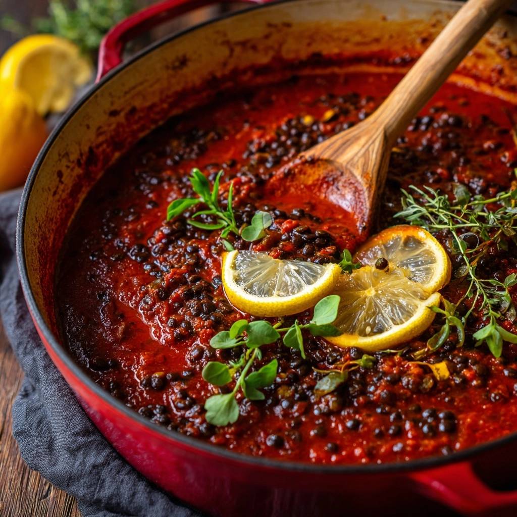 Herzhafter Linseneintopf mit Zitrone in einer roten Pfanne, garniert mit frischen Kräutern und Zitronenscheiben, bereit zum Servieren.