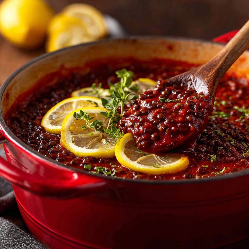 Herzhafter Linseneintopf mit Zitrone in Nahaufnahme, serviert in einem roten Topf, mit einem Holzlöffel, der die Linsen zeigt.