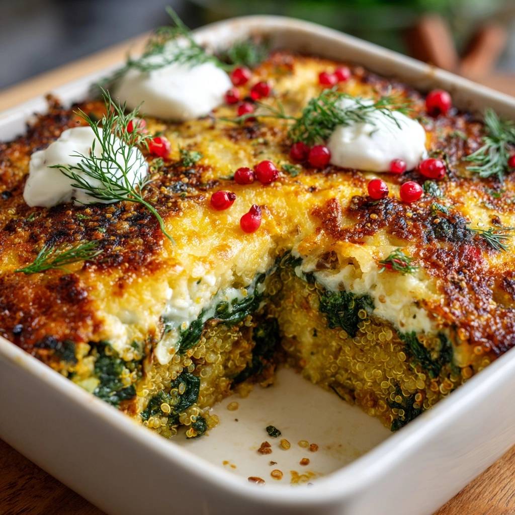 Herzhafter Quinoa Spinat Auflauf Querschnitt 1 Herzhafter Quinoa-Spinat-Auflauf präsentiert einen appetitlichen Querschnitt, der die geschichteten Zutaten und die goldbraune Kruste zeigt.