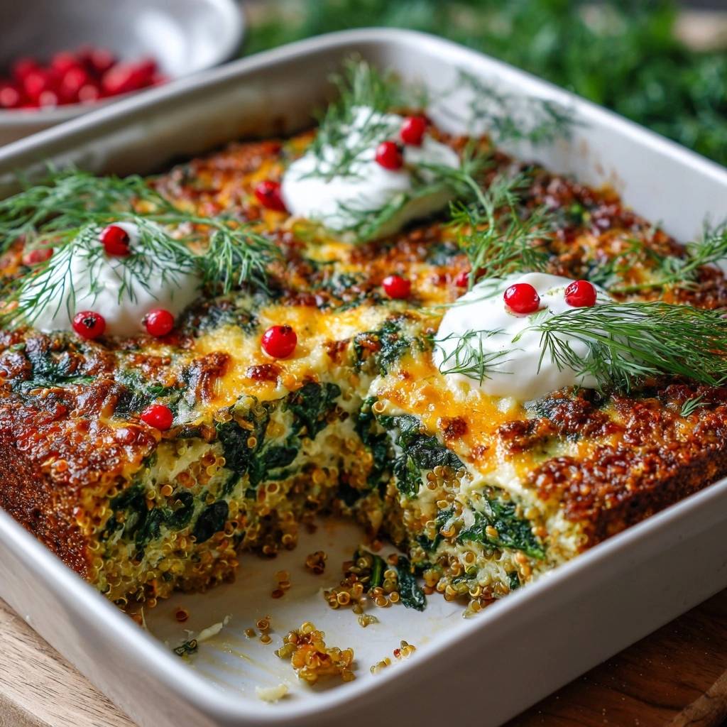 Herzhafter Quinoa-Spinat-Auflauf mit Spinat und Käse, angeschnitten, zeigt die saftige Innenansicht des Auflaufs. Dekoriert mit Dill, Beeren und cremigem Topping.